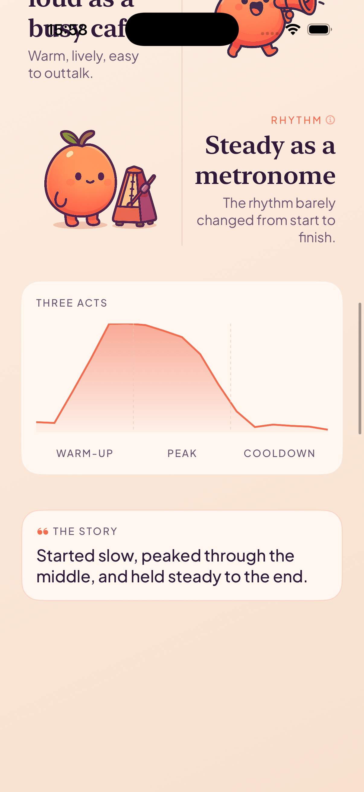 A recap screen showing a Three Acts intensity chart and the story of the session