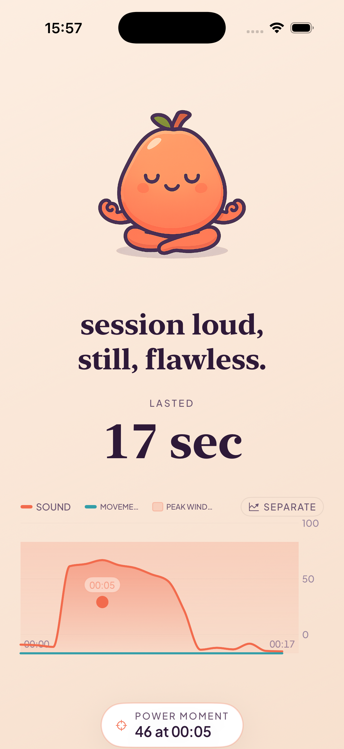A recap hero screen with the papaya mascot and the session summary