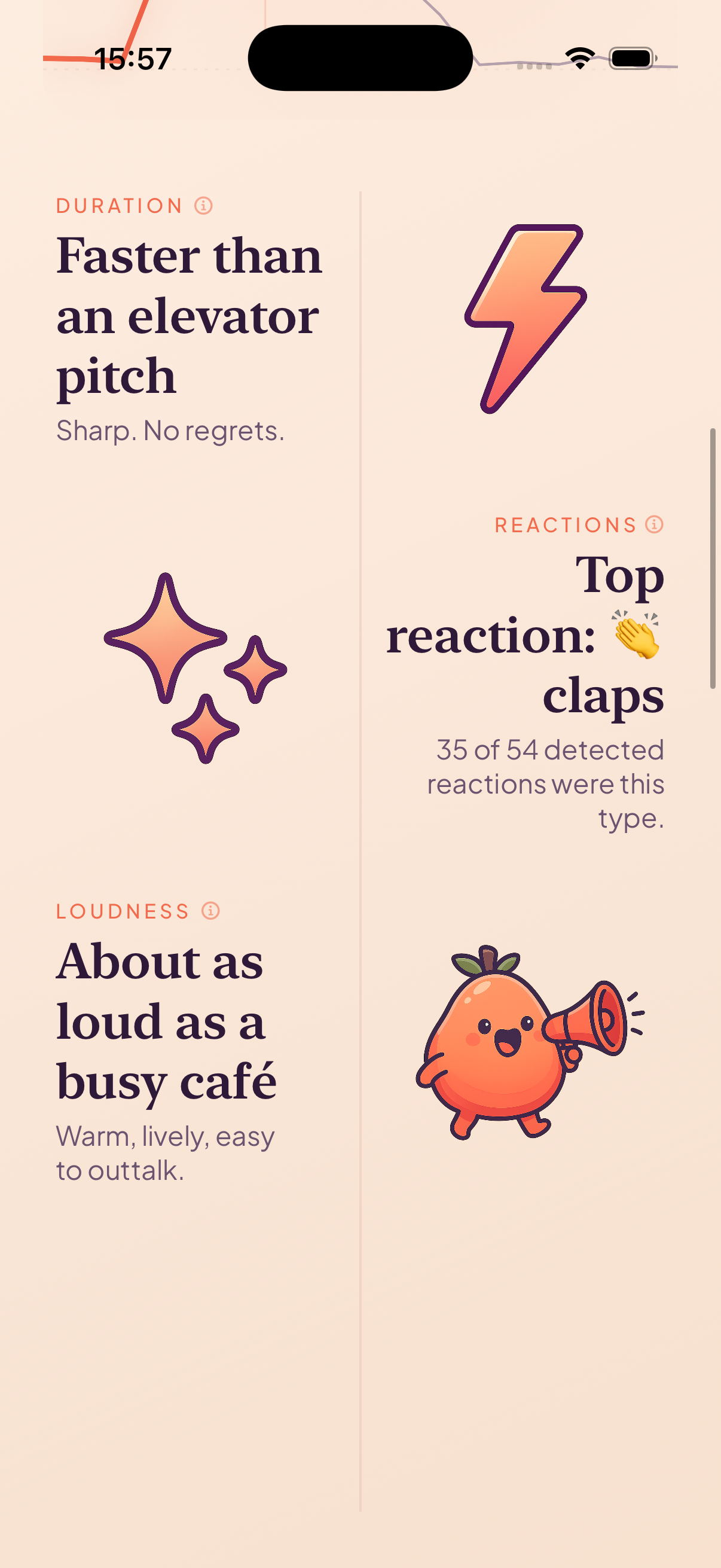 Recap stat cards: duration, loudness, and top reaction